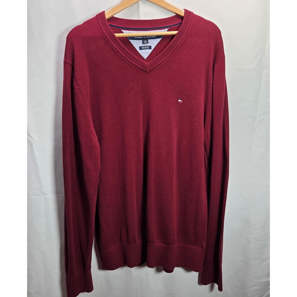 Tommy Hilfiger Casual Sweater ‎ V Neck LS Dark Red 100% Pima Cotton XL Classic